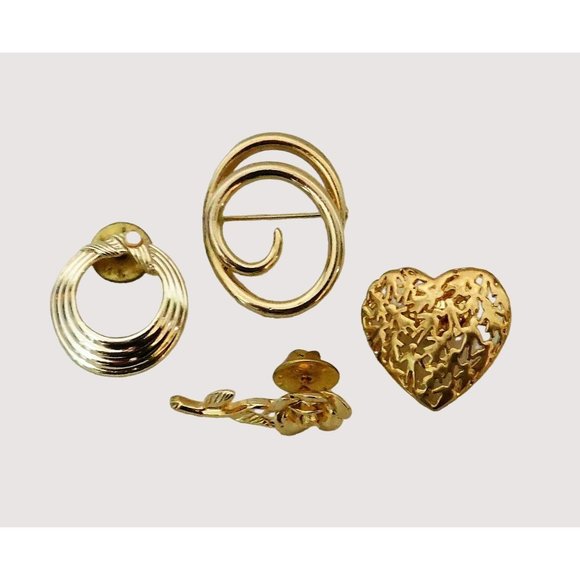 Set of 4 Fashion Pins Heart Circles Floral Brooch Pin Back Gold Tone - Picture 2 of 9